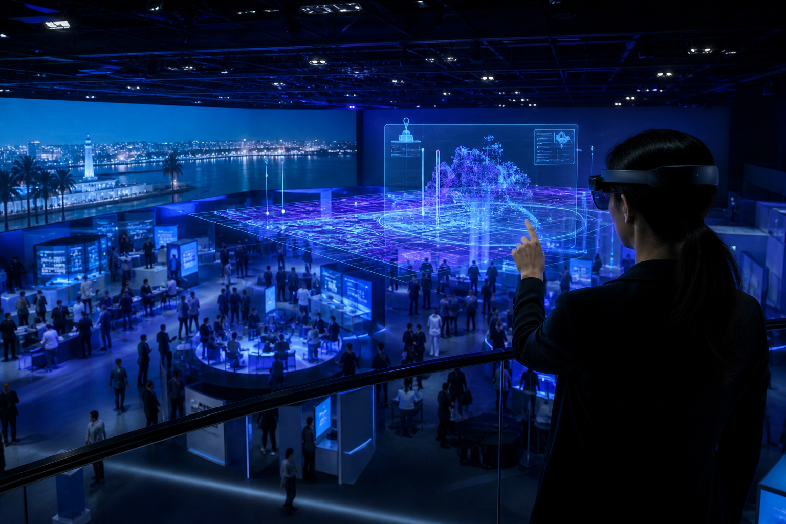A spatial computing conference floor with digital overlays in the hall
