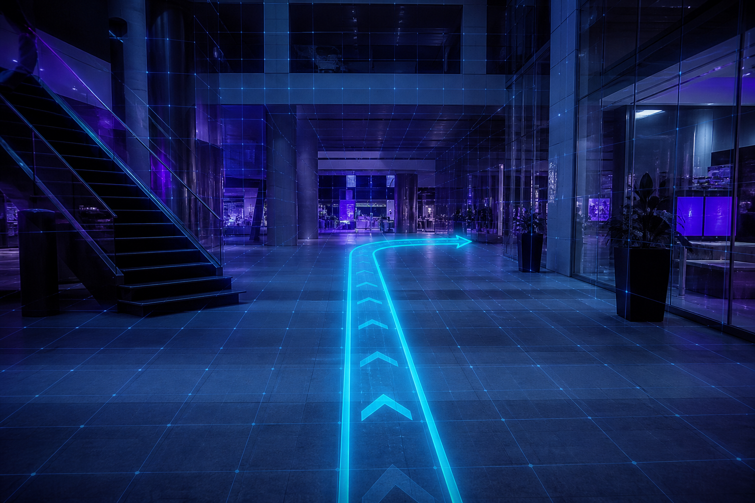 Indoor AR navigation path through a large public atrium
