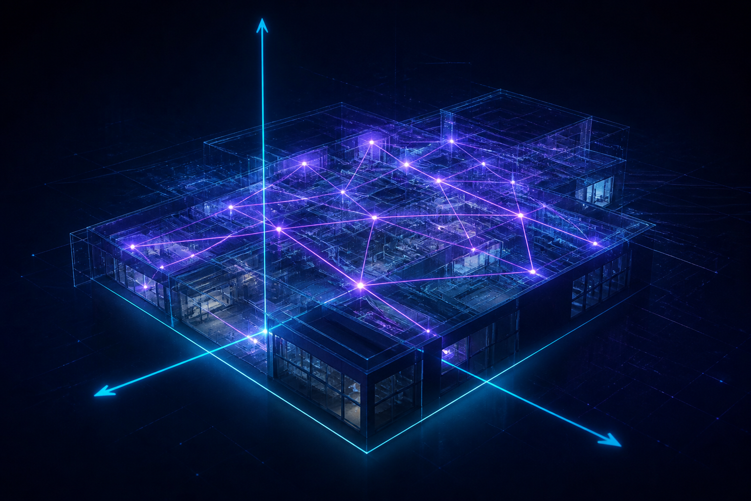 A digital twin of a building shown as a glowing spatial coordinate system