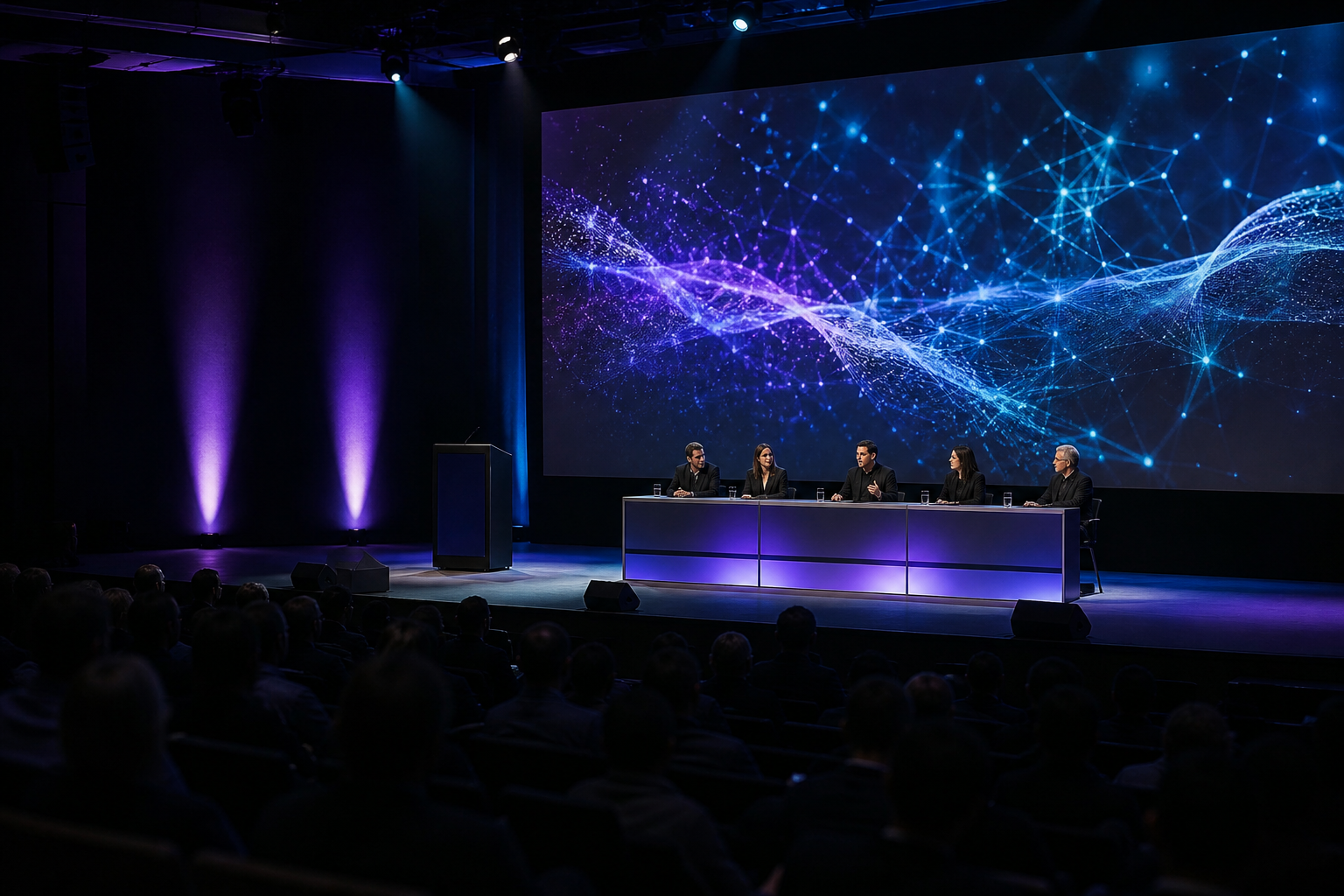 A conference panel stage with AI visuals on screen
